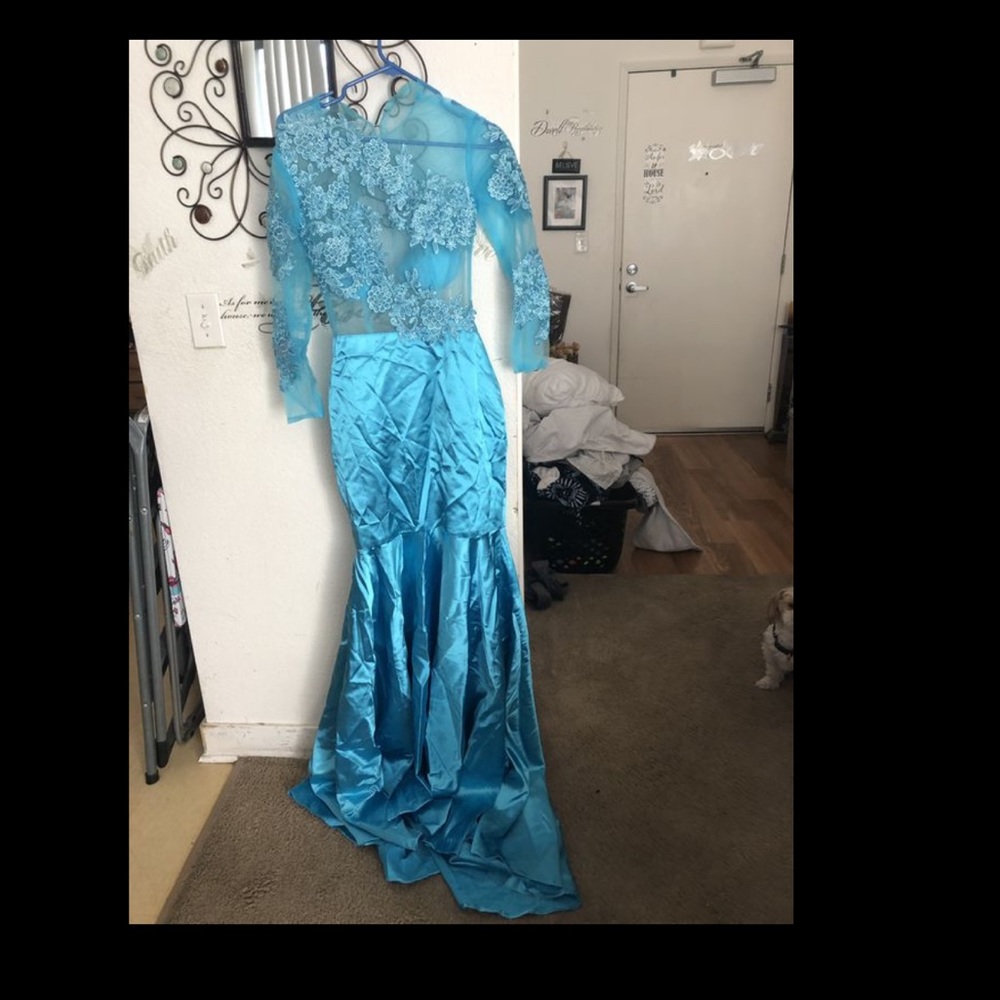 Open back teal blue dress